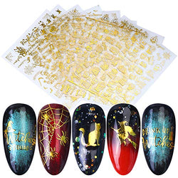 9 Sheets Halloween Nail Stickers 3D Nail Art Decorations Gold Self-Adhesive Nail Decals Skull Witch Pumpkin Cat Ghost Cross Nail Art Design Halloween Party Favor Manicure Accessories