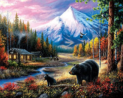 Diamond Painting Kits for Adults Black Bear DIY 5D Full Round Drill 19.7x15.8 Inches / 50x40 cm, Forest Scenery of Mountain Cabin Stream