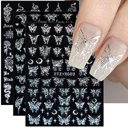 3D Laser Silver Butterfly Nail Stickers Spring Nail Art Stickers Punk Metallic Aurora Silver Black Butterfly Nail Decals Snake Butterfly Stickers for Nails DIY Women Nail Accessories Nail Decor, 6pcs