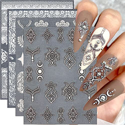 Dornail 4 Sheets 5D Embossed Filigree Nail Stickers Engraved Brown White Lace Necklace Nail Decals Flowers Star Moon Carved Nail Art Stickers DIY Design Decoration Accessories