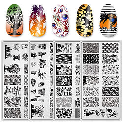 4 Pieces Halloween Nail Art Stamping Plates with Spider Webs Pumpkins Bats Witches Image Stamp Templates Kit DIY Stainless Steel Nail Image Polish Template Kit Manicure Stencils Tools