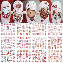 Valentines Nail Stickers Love Bear Heart Nail Art Decals Water Transfer Rose Cake Lips Designs Nail Stickers for Women Girls Manicure Tip Nail Decoration