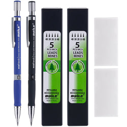 Bememo 2 Pieces Mechanical Pencils 2.0 mm 2B with 2 Case Lead Refills and 2 Pieces Erasers for Draft Drawing, Carpenter, Crafting, Art Sketching (Blue and Black)