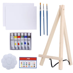 Art Canvas Paint Set Supplies - 14-Piece Mini Canvas Acrylic Painting Kit with Wood Easel, 6x8 inch Canvases, 6 Non Toxic Washable Paints, 3 Brushes, Palette and Color Mixing Guide