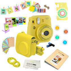 Fujifilm Instax Mini 9 Camera + 14 PC Instax Accessories kit Bundle, Includes; Instax Case + Album + Frames & Stickers + Lens Filters + More (Yellow)