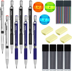 19 Pieces 2.0 mm Mechanical Pencil Set, Includes 8 Pieces Automatic Pencils, 4 Cases Black Lead Refills, 2 Cases Colored Lead Refills with Sharpener and 4 Pieces Erasers for Draft Drawing (Style 1)