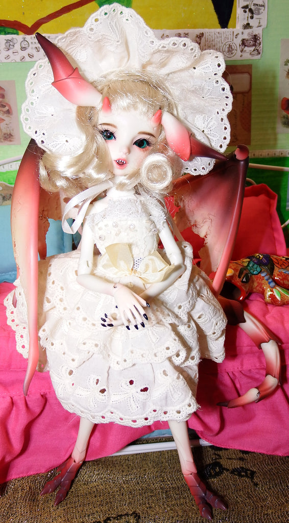 BJD Doll Dream Valley Red Dragon Ahi in Cute Pastel Dress and Bonnet