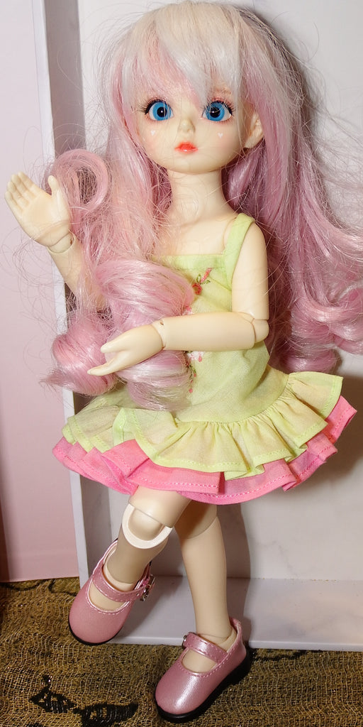 BJD in Casual Pink and Green Sewed Dress