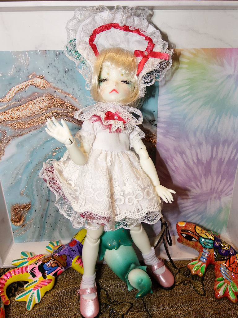 Blue Fox BJD in a Dainty Red and White Dress