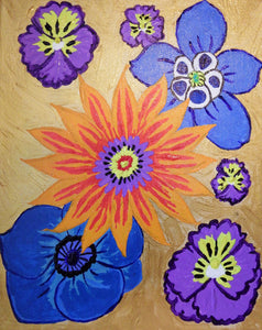 Flora in Golden with Orange, Blue and Purple Flowers