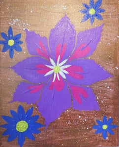 Blue and Purple Floral in Bronze Background Acrylic Painting