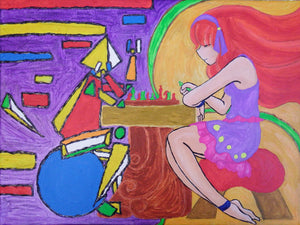 Maiden and Cubism Figure Playing Chess Acrylic Painting
