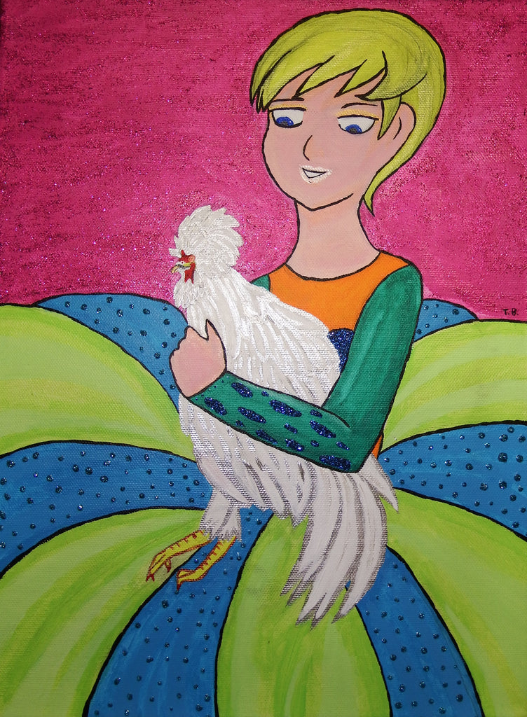 Alice and a Big Silver Rooster Acrylic Painting