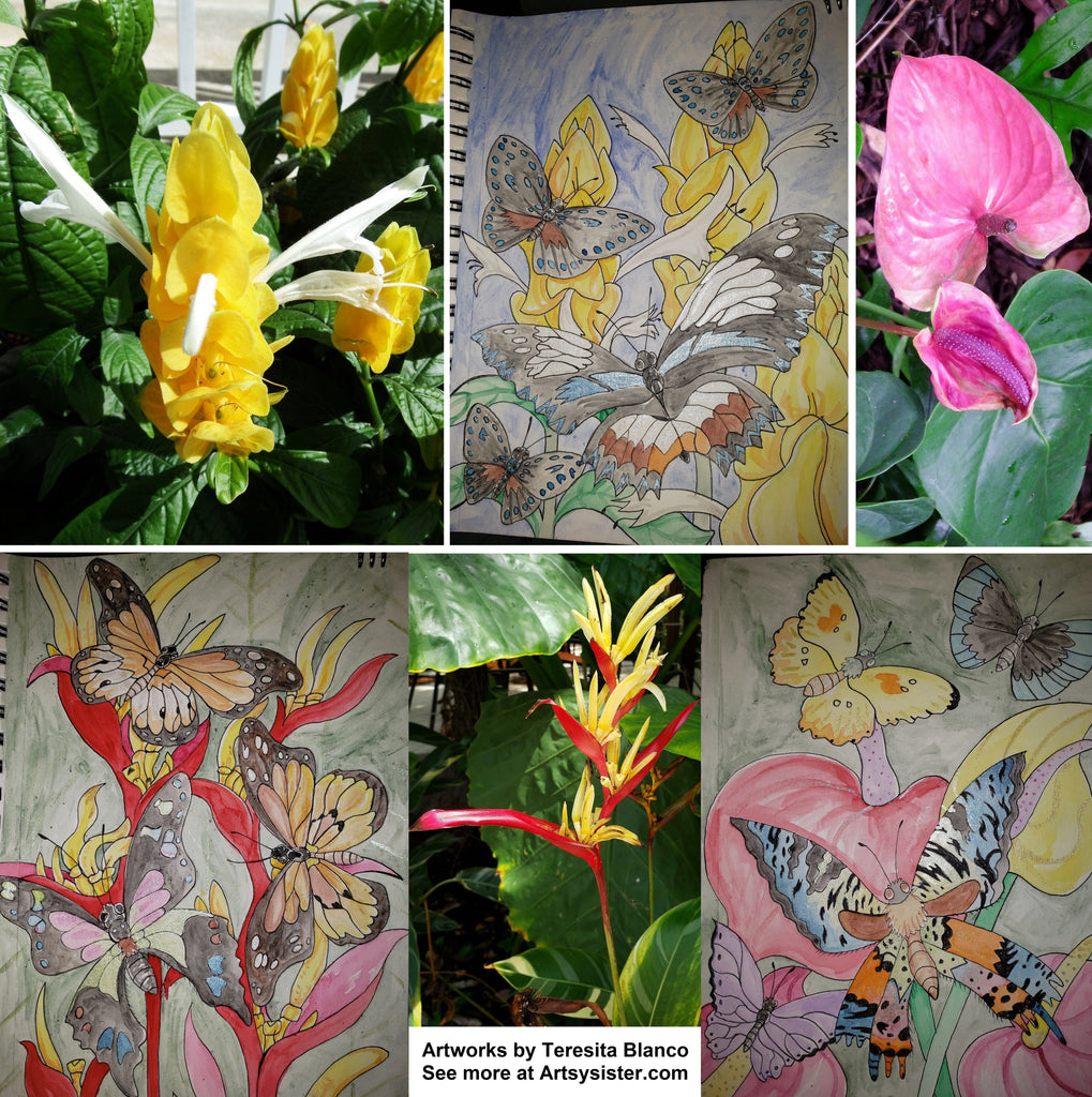 Glitter Butterflies on Tropical Flowers Three Watercolor Paintings