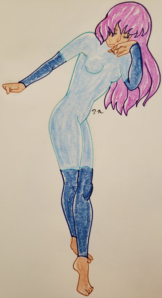 Anime Girl Walking Pose in Blue Outfit with Purple Hair