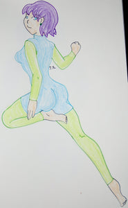 Anime Girl Running Pose in Green and Baby Blue Drawing