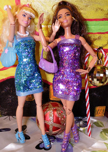Barbies in Blue and Purple Rhinestone Dress Doll Photoshoot