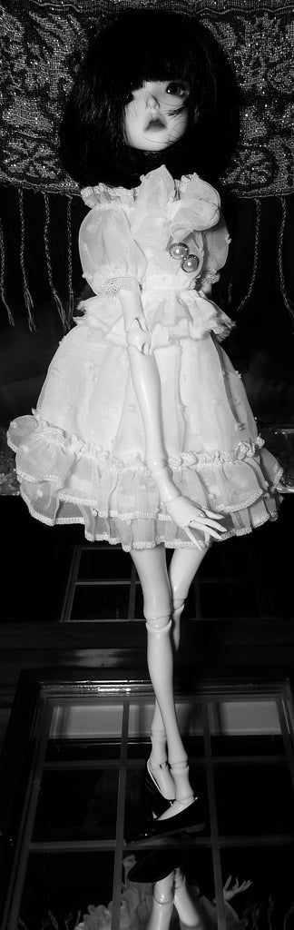 BJD Doll Chateau Ashley in White Dress Black and White Photoshoot