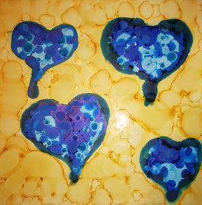 Blue Hearts in Golden Background Ink Art Painting