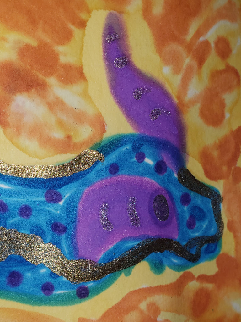 Ink Art: Skinny Blue Sea slug and Round Yellow Slug