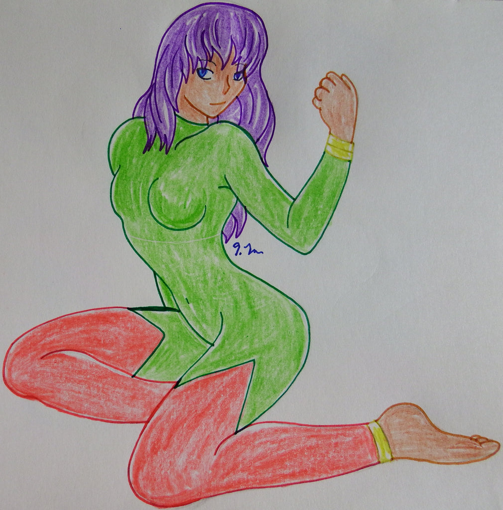 Anime Girl Sitting Pose in Red and Green Outfit
