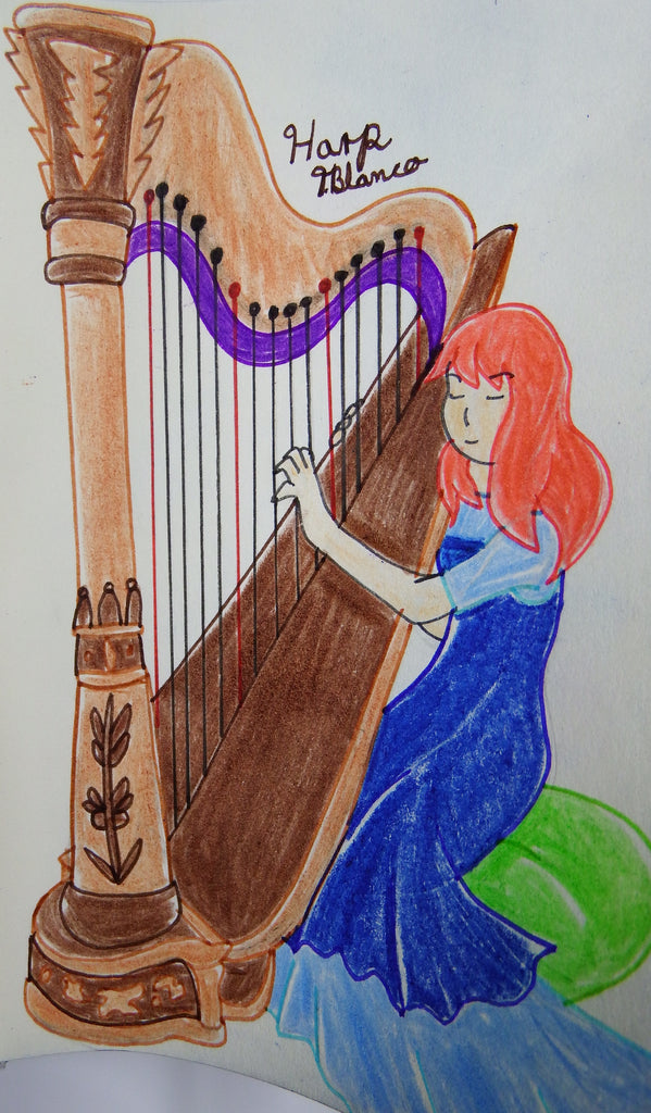 Anime Girl Playing the Harp Music Instrument Drawing
