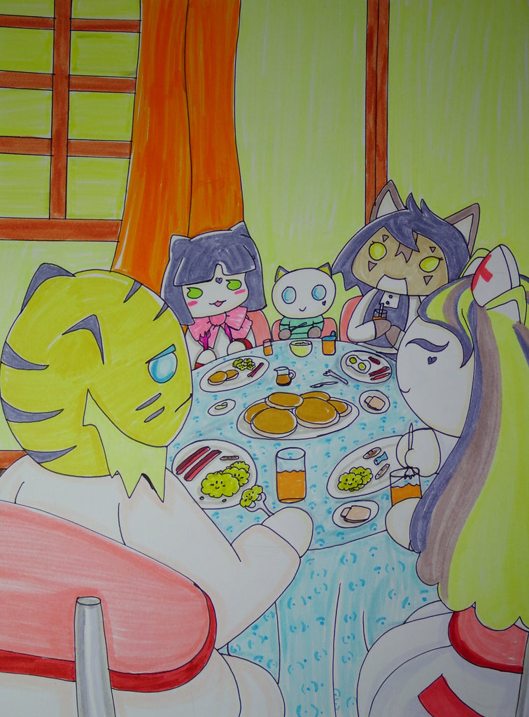 Scary Cat’s Family Eating Breakfast Together Anime Kawaii Drawing