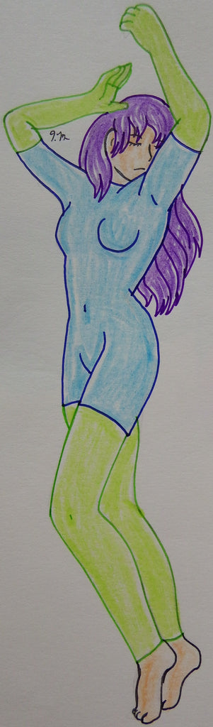 Standing Pose in Green and Blue Anime Drawing