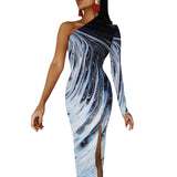 Metalic Blue Wave Half Sleeve Slit Dress