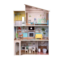 Olivia's Little World Dreamland Mediterranean 3-Story Wooden Dollhouse with Skylight and 17-pc Accessory Set for 12" Dolls, Pink/Brown