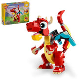 LEGO Creator 3 in 1 Red Dragon Toy, Transforms from Dragon Toy to Fish Toy to Phoenix Toy, Gift Idea for Boys and Girls Ages 6 and Up, Animal Toy Set for Kids, 31145