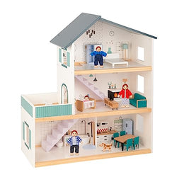 OOOK Wooden Dollhouse for Kids, Doll House with Simulated Luxury Furniture Set, Dollhouse Playset Gifts for Girls Toddlers (Including 4 Family Dolls and a Dog)