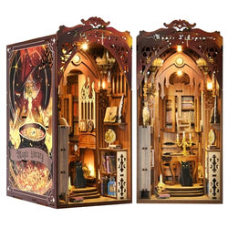 Book Nook Kit, DIY Miniature Dollhouse Booknook Kit, 3D Wooden Puzzle Bookend Bookshelf Insert Decor with LED Light for Teens and Adults (Magic Library)