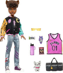 Monster High Doll, Clawd Wolf Werewolf with Pet Gargoyle Bulldog & Themed Accessories, Includes Casketball Jersey & Bag