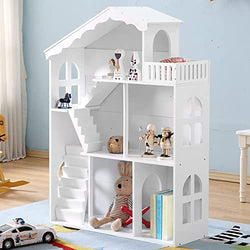 HILIROOM HILIROOM Dollhouse Bookshelf with Stairs and Balcony, Wooden Bookcase for Kids, 3-Tier Children Toy Shelves with Large Storage, 32.6” x 12” x 45.6”, (White)