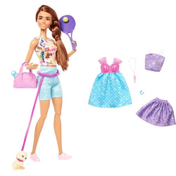 Bundle of Barbie Self-Care Doll, Brunette Posable Workout Doll with Puppy and Accessories Including Roller Skates & Tennis Rackets + Barbie Fashion 2-Packs