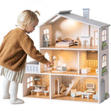ROBUD Doll House, Wooden Dollhouse with 6 Rooms, 29-pcs Realistic Accessories, Dollhouse Playset Gifts for Kids & Toddlers, Nordic Style, Ages 3+