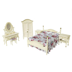 iLAND Wooden Dollhouse Furniture 1/12 Scale, Dollhouse Bedroom Furniture in Cream Color incl Dollhouse Bed & Dressing Table & Wardrobe (Elegant Miniature Furniture 6pcs)