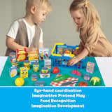 Small World Toys Kids Grocery Basket Play Food Set, Pretend Food Kids Shopping Basket Toddler Playset, 32 Pcs Grocery Food Play Kitchen Accessories, Educational Toddler Toys for Girls & Boys