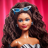 Barbie Signature Doll, 65th Anniversary Collectible with Brown Braided Hair, Black and White Gown, Sapphire Gem Earrings and Sunglasses