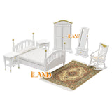 iLAND Vintage Dollhouse Furniture 1/12 Scale, Brewster Dollhouse Bedroom Furniture incl Dollhouse Bed & Mirror Full Length & Wardrobe & Bedside Table & Rocking Chair & Rug (White & Gold)