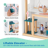 OOOK Wooden Dollhouse with Liftable Elevator - 2.6 Feet High Modern Doll House for Kids Toddlers - Including 21 Furniture Pieces, 4 Family Dolls, and 1 pet