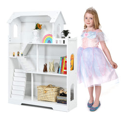 Costzon Kids Wooden Dollhouse Bookcase, 3 Story Cottage Toy w/Anti-Tip Design & Storage Space, 2 in 1 Pretend Dream House Playset for Kids Room,Playroom Nursery Gift for Girls Boys Age 3+