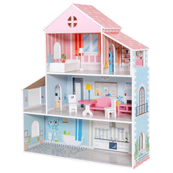 Costzon Wooden Dollhouse, 3-Story Pretend Play Doll House with Living Room Bedroom Bathroom Furniture and Accessories, 31.5 Inch High Dream Doll House for Little Girls, Gift for Ages 3+