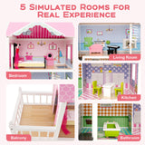 Costzon Dollhouse, Wooden Dream House with Working Elevator, Rotatable Stair, 10 Pieces Furniture Accessories, DIY Pretend Doll House, Toy Gift for Girls