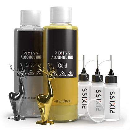 Silver and Gold Alcohol Ink for Resin - Metallic Alcohol Ink Silver and Gold Colors 4-Ounce for Epoxy Resin, Tumblers, Resin Art, Alcohol Ink Paper, 3 Pixiss Needle Tip Applicator Bottles and Funnel