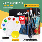Colorful Fabric Paint Set with 6 Brushes, 1 Palette, 26 Colors Waterproof Permanent Textile Painting Kit for Adults to Arts on Clothes, Shoes, and Canvases