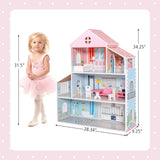 Costzon Wooden Dollhouse, 3-Story Pretend Play Doll House with Living Room Bedroom Bathroom Furniture and Accessories, 31.5 Inch High Dream Doll House for Little Girls, Gift for Ages 3+