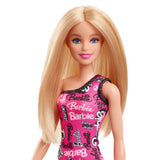 Barbie Doll with Smooth Blonde Hair Dressed in Asymmetric Removable Pink Dress and Logo Print Shoes, HRH07