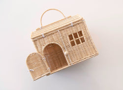 Rool Rattan House Shaped Basket Wicker Small Dollhouse Gift for Girls, Boho Toys, Mouse in a Box House, Little Girl Purse Clutch, Doll Carrier